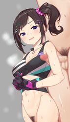 1boy 1girls armpit_sex bottomless breasts brown_hair censored cleavage female fuji_yoshida gloves hayase_sou heavy_breathing light-skinned_female light-skinned_male light_skin male musk nijisanji penis pubic_hair purple_eyes side_ponytail slight_blush straight sweat virtual_youtuber