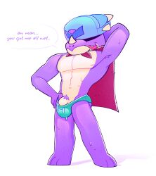 armpit_hair brawl_stars cape gay green_clothing male male_only pierce_(brawl_stars) pubic_hair pulling_clothing pulling_own_clothes solo solo_male speedo speedo_only standing sweat swimming_trunks swimwear towel_around_neck wet