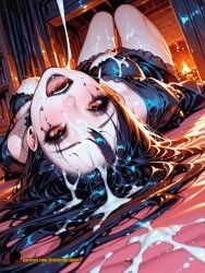 after_fellatio after_oral ahe_gao ai_generated black_dress black_lipstick blushingcheeks breast_slip breasts breasts_out cum cum_drip cum_dripping cum_dripping_from_mouth cum_in_mouth cum_on_clothes cum_on_face cum_on_hair cum_on_thighs cumdrip female fucked_silly goth goth_girl happy runny_makeup small_breasts solo tongue_out upside-down
