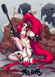 belt boots breasts brown_eyes bullet elbow_gloves fingerless_gloves gloves gun hair_ornament legs long_hair long_legs mouth_hold nipples pink_legwear pink_thighhighs ponytail red_hair rifle ryuuzaki_itsu scarf shorts sitting sniper_rifle tengen_toppa_gurren-lagann tengen_toppa_gurren_lagann thighhighs thighs tied_hair topless torn_clothes torn_thighhighs very_long_hair weapon yoko_littner zhuxiao517