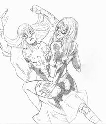 2girls courtney_whitmore cyclone_(dc) dc dc_comics female female_only justice_society_of_america maxine_hunkel monochrome sir stargirl superheroine uncensored yuri