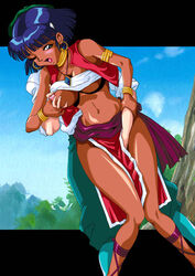 1girls 2004 bandeau bare_shoulders bob_cut bracelet breasts curvaceous dark-skinned_female dark_skin female fingering fushigi_no_umi_no_nadia gainax green_eyes hair_ornament hairclip hoop_earrings human interracial jean_roque_raltique jewelry large_breasts loincloth nadia_la_arwall neck_ring ouki_rou princess purple_hair short_hair tubetop vest