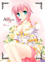 breasts doujin_cover estellise_sidos_heurassein flower green_eyes nipples open_clothes pink_hair smile tales_of_(series) tales_of_vesperia undressing