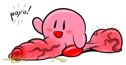 black_eyes blush cheezyweapon color cum kirby kirby_(series) male male_only nintendo nude open_eyes open_mouth penis pink_skin simple_background solo standing testicles white_background yellow_cum