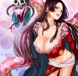 1girls animal areola_slip areolae bent_over black_eyes black_hair boa_hancock breasts brown_eyes cleavage earrings female female_only huge_breasts jewelry large_breasts leaning_forward long_hair midriff navel nipple_slip nipples numeri_(gunfra) numeri_(pixiv) one_piece salome_(one_piece) scales skull snake solo_focus standing straight_hair