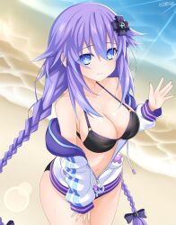 1girls alexstardust31 beach bikini black_bikini black_swimsuit blue_eyes breasts d-pad_hair_ornament hairbow hood hooded_jacket jacket jacket_partially_removed large_breasts looking_at_viewer midriff navel neptune_(neptunia) neptunia_(series) ocean outside partially_unzipped purple_hair purple_heart_(neptunia) swimsuit twin_braids twintails undersized_clothes undressing water wet zipper