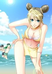 1girls 2boys bikini bikini_top black_hair blue_eyes breasts female female_focus foo_fighters green_hair human jojo's_bizarre_adventure jolyne_kujo jotaro_kujo kaya_(artist) large_breasts lense_flare light-skinned_female light_skin loincloth male multiple_boys narciso_anasui orange_hair posing short_hair shounen_jump solo_focus star star_birthmark stone_ocean tattoo toned toned_female