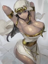 arm_bracelets armpits arms_behind_head barely_contained breasts cleavage egyptian female hood hoodie huge_breasts isis_ishtar kazo looking_at_viewer necklace purple_eyes smile thick_thighs tight_clothing yu-gi-oh!