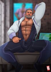 bara beard bodysuit boner bulge chest_hair doctor_anfelo erection erection_under_clothes facial_hair hairy labcoat male male_only muscles muscular nintendo pokemon pokemon_sv professor_turo solo solo_male spread_legs