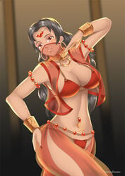 1girls arabian belly belly_chain belly_dancer belly_dancer_outfit belly_jewel bikini black_hair cleavage curvy dancer dancer_outfit dancing dark-skinned_female earrings femsub hand_on_ass happy_sub harem_girl harem_outfit haryudanto hazel_eyes jewelry large_breasts navel_piercing original original_character see-through_vest slave slave_collar slave_outfit solo_female submissive submissive_female transparent_clothing veil voluptuous