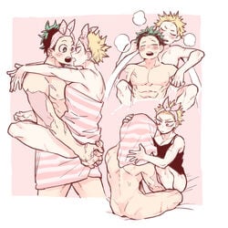 1boy 1girls abs bath bathing bathtub bisco_mov blonde_hair blush carrying female_bakugou freckles genderswap_(mtf) green_eyes green_hair hair_ribbon hairband izuku_midoriya katsuki_bakugou legs_around_waist my_hero_academia red_eyes rule_63 scar towel towel_on_head wholesome