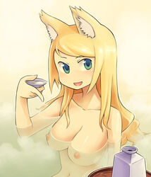 animal_ear blonde_hair blue_eyes blush bowieknife breasts collarbone collarbones cup long_hair nipples nude onsen sakazuki sake samurai samurai_(7th_dragon) water