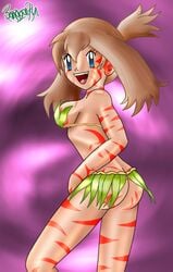 ass blue_eyes brown_hair color female female_only grass_skirt hair human human_only may_(pokemon) no_bandana pokemon pokemon_(manga) sapphire_birch_(pokemon) side_view solo stripes tagme