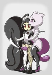 2boys anthro crossdressing cum fishnet high_heels leggings legwear lovely_mawile maid maid_uniform mawhee mawile mewtwo nintendo outercourse penis pokemon pokemon_(species) purple_eyes red_eyes thigh_sex trap video_games western_art