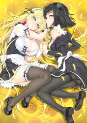 2girls alice_(bishoujo_mangekyou) bishoujo_mangekyou black_hair black_legwear blonde_hair breasts clothing dorothy_(bishoujo_mangekyou) flower hand_holding happoubi_jin large_breasts long_hair looking_at_viewer lying maid mary_janes multiple_girls open_clothes panties panties_under_pantyhose pantyhose petals shoes short_hair small_breasts sunflowers thighband_pantyhose thighhighs underwear zettai_ryouiki