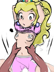 blush breasts clothes color crown dark-skinned_male ear_piercing female human mario_(series) mario_hoops_3_on_3 nintendo piercing princess_peach raised_arms straight_hair tagme