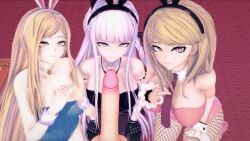 1boy 1male 3d 3girls akamatsu_kaede big_breasts blonde_hair bookie breasts bunny_ears bunny_girl bunnysuit danganronpa danganronpa_2:_goodbye_despair danganronpa_v3 female gloves grey_eyes hinata_hajime imminent_oral imminent_sex kirigiri_kyouko koikatsu lavender_hair long_hair looking_forward male multiple_girls offscreen_character penis purple_eyes short_hair smile smiling sonia_nevermind straight_hair tagme unseen_character unseen_male_face year_of_the_rabbit