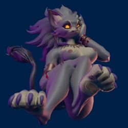 1:1 anthro ass belladonna_(trials_of_mana) breasts catsockjus crossed_legs ear_piercing felid female floating genitals glistening glistening_eyes hi_res jewelry looking_at_viewer mammal nails necklace nipples nude orange_eyes paws piercing purple_body pussy solo solo_focus trials_of_mana