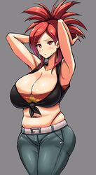 1girls arms_behind_head blush bra breasts female female_only flannery_(pokemon) flannery_(pokemon_oras) fully_clothed grey_background huge_breasts large_breasts long_hair navel nintendo pants pokemon pokemon_oras pokemon_trainer red_eyes red_hair sole_gem solo_female string_panties tied_hair tight_clothing trainer