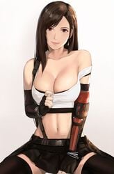 1girls asymmetrical_gloves bare_shoulders black_hair bracelet breasts brown_hair cleavage collarbone crop_top earrings female female_only final_fantasy final_fantasy_vii final_fantasy_vii_remake fingerless_gloves gloves gradient_background highres j@ck jewelry large_breasts long_hair looking_at_viewer navel pleated_skirt red_eyes sidelocks simple_background skirt smile solo suspender_skirt suspenders tank_top thighhighs tifa_lockhart uneven_gloves white_tank_top zettai_ryouiki