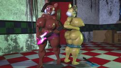 2girls 3d animatronic anthro artist_tyranfox ass big_ass big_breasts boobs breasts fazbear_fanverse female five_nights_at_freddy's furry guitar large_ass large_breasts popgoes robot robot_girl saffron_(popgoes) sara_(popgoes) tagme thick_thighs thighs