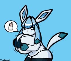 anthro big_breasts breast_grab breast_squish breasts eeveelution female glaceon hand_on_breast hi_res huge_breasts nintendo pokémon_(species) pokemon shortstack slightly_chubby solo squish teabunni thick_thighs video_games