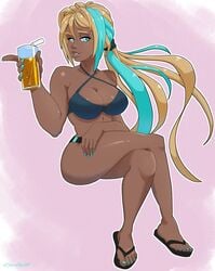 1girls aqua_eyes aqua_hair aqua_nails bikini blonde_hair blue_eyes breasts carol_(carro3dsculpts) cleavage clothed crossed_legs curvy dark-skinned_female dark_skin drink feet female female_only flip_flops footwear full_body holding_drink holding_object human ktb large_breasts long_hair long_ponytail looking_to_the_side nail_polish original_character parted_lips pink_background ponytail sandals shiny_skin sitting solo straw thick_thighs tied_hair toenail_polish toes two_tone_hair