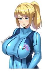 1girls big_breasts blonde_hair blue_clothing blue_eyes breasts female huge_breasts jpeg large_breasts long_hair metroid nintendo samus_aran signature sole_gem solo thick_thighs tied_hair tight_clothing white_background zero_suit zero_suit_samus