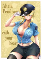 1girls artoria_pendragon artoria_pendragon_(lancer) belly_button big_breasts bikini_top blonde_hair busty curvy curvy_female curvy_figure english_text fate/grand_order fate_(series) gloves green_eyes hair_bun hand_on_hat long_hair misspelling police_hat police_officer police_uniform policewoman seductive short_skirt smiling spelling_error stockings text thick_thighs unbuttoned_shirt white_background