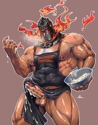 1boy abs apron bara chest chest_hair cum ejaculation erection fire glowing glowing_eyes helmet highres lander_(randa) looking_at_viewer male male_focus male_only muscle naked_apron nipples pectorals penis red_eyes shirtless solo surtr_(tokyo_afterschool_summoners) testicles thick_thighs thighs tokyo_afterschool_summoners tokyo_houkago_summoners uncensored upper_body veins