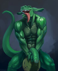 2020 abs anthro biceps bodily_fluids fangs fantdragon genital_fluids genitals green_body green_scales half-erect hi_res humanoid_genitalia humanoid_penis long_ears male male_only muscular muscular_anthro muscular_male nude open_mouth pecs penis precum scales scalie simple_background smile solo tongue