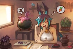 1girls alchemy blue_hair books bunny_and_fox_world bunny_ears chair cheeks_broadchester clothed collar cooking darkartskai day detailed_background distracted drool female_only gold gold_jewelry happy holding_breast house imminent_rape inside jewelry knife learning medium_breasts mushroom_penis octopus open_mouth papers room sitting_on_chair sleeping sunlight sunshine table tagme white_skin window