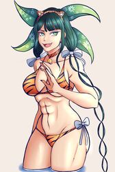 black_hair chabashira_tenko choker clover_jello danganronpa danganronpa_v3 dark_hair green_eyes long_twintails looking_away medium_breasts new_danganronpa_v3 ribbon ribbons smile smug stomach straight_hair swimsuit tiger_print twintails