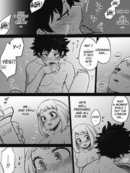 1boy 1girls black_and_white buthikireta comic condom english_text imminent_vaginal izuku_midoriya my_hero_academia ochako_uraraka right_to_left sex tagme wholesome