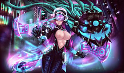 areola areolae belly_button big_breasts breasts breasts_out cyberpunk half_naked headset moba mobile_legends mobile_legends:_bang_bang night nipples open_clothes outdoors outside pink_eyes pink_hair pose purple_hair riarfian selena_(mobile_legends) soft_breasts soft_shading standing