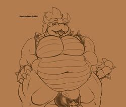 anthro balls bowser clothing doritoderg genitals hi_res koopa looking_at_viewer male male_only mario_(series) monochrome nintendo overweight overweight_anthro overweight_male penis scalie solo thong underwear video_games