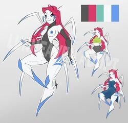 2020 adopt adoptables animal_humanoid anthro arachnid arachnid_humanoid arthropod arthropod_humanoid blue_body blue_eyes blue_nipples breasts clothed clothing female hair hi_res humanoid legwear looking_at_viewer lunheaven markings nipples pink_hair red_hair shirt signature simple_background solo spider tight_clothing tights topwear watermark white_body