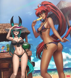 2girls bikini blue_eyes blue_hair bra bunny_and_fox_world bunny_ears cheeks_broadchester darkartskai long_hair looking_at_viewer medium_breasts monkey_ears multiple_girls panties red_hair small_breasts tagme tied_hair