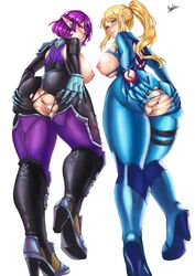 2d 2girls anus areolae ass big_ass big_breasts blonde_hair blush crossover female female_focus female_only high_heel_boots high_heels large_ass large_breasts looking_at_viewer looking_down metroid multiple_girls nintendo nipples paladins pale-skinned_female pale_skin pussy ryuuku samus_aran skye_(paladins) standing thick_ass thick_thighs white_background zero_suit zero_suit_samus