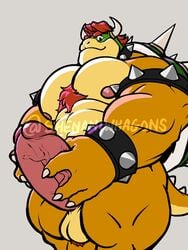 3:4 anthro ball_tuft balls bowser chest_tuft genitals hi_res koopa looking_at_viewer low-angle_view male male_only mario_(series) muscular muscular_anthro muscular_male nintendo nipples penis scalie shenaniwhagons solo tuft video_games