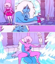 1futa 2girls alien areolae bath blue_diamond_(steven_universe) blue_hair blue_skin clothed clothing comic diamond_authority duo duo_focus fully_clothed futa_on_female futanari gem_(species) humanoid nipple_tweak pink_diamond_(steven_universe) pink_skin sex size_difference steven_universe thighhighs vaginal vaginal_penetration watching water white_hair wolf_glade