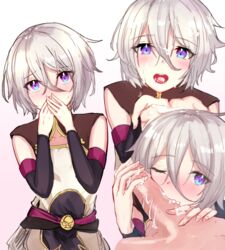 2boys cum_in_mouth cum_on_body cum_on_hair cum_on_hands cum_on_penis fate/grand_order fate_(series) fellatio femboy gao_changgong_(fate) gay girly grabbing_penis grey_hair looking_at_partner looking_at_viewer looking_pleasured mermermer purple_eyes short_hair swallowing_cum sweat yaoi