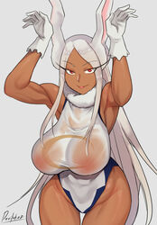 1girls areolae big_breasts breasts bunny_ears dark-skinned_female dark_skin devilukez female female_human female_only hero_outfit_(mha) huge_breasts human kemonomimi large_breasts long_hair miruko muscular muscular_female my_hero_academia rumi_usagiyama solo solo_female superhero_costume superheroine wet_clothes white_hair