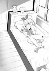 9nojo ass bangs barefoot bed bedroom between_legs blush breasts curtains feet female full_body greyscale hair_between_eyes hair_ribbon hand_between_legs highres hitachi_magic_wand holding holding_phone idolmaster idolmaster_cinderella_girls indoors lamp looking_at_phone lying masturbation monochrome nipples nude on_bed on_side phone pillow pussy_juice ribbon sakurai_momoka sex_toy short_hair slq small_breasts soles solo stuffed_animal stuffed_toy sweat teddy_bear vibrator