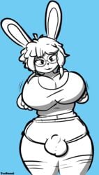 absurd_res anthro big_breasts breast_grab breast_squish breasts bulge clothed clothing gay gynomorph hand_on_breast hi_res huge_breasts intersex lagomorph leporid mammal rabbit slightly_chubby solo squish teabunni thick_thighs