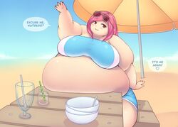 beach big_belly eating fat huge_ass huge_belly huge_breasts hyper obese overweight pink_hair pixiveo smiling swimsuit thick_thighs weight_gain