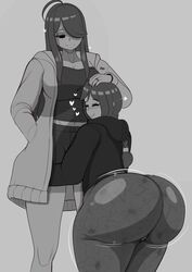 1boy 1girls ass big_ass braided_ponytail breasts cleavage female femboy fladdy fladdykin flow_(fladdykin) happy hoodie hug huge_ass jiggle jiggling_ass massive_ass massive_butt monochrome shorter_male taller_female taller_girl wholesome wide_hips