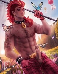 1boy animal_crossing balls c.j._(animal_crossing) dripping_precum erection flick_(animal_crossing) humanized male_only nintendo outdoors partially_clothed penis precum stanglassart_(artist) year_request