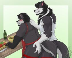 5:4 anthro apron apron_only canid canine canis clothing duo hairy hi_res hybrid kitchen krousser krowlfer likangel male male/male mammal mostly_nude right_in_front_of_my_salad salad selfcest square_crossover teeth_showing tsundere ursid were werecanid werecanine werewolf wolf