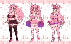 big_breasts braided_hair character_sheet cheerleader cleavage curvy fox fox_ears fox_girl fox_tail huge_breasts kireina_pinky_fox original osiimi pink_eyes pink_fur pink_hair pinky_fox_(osiimi) ponytail thick_thighs thighhighs twin_braids twintails virtual_youtuber